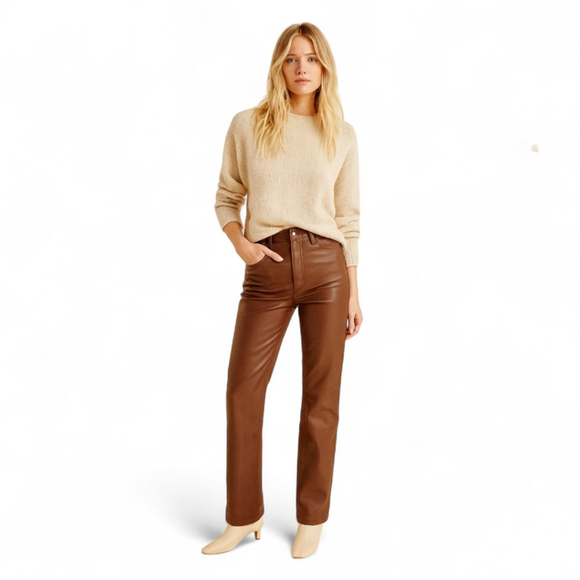 Abercrombie Curve Love 90s Straight Faux Leather Pants Chocolate Fall Neutral 4 - Picture 1 of 8